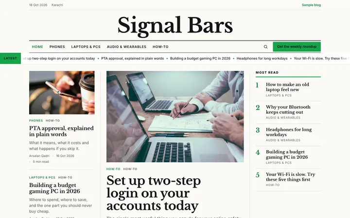 Home page of Signal Bars, a sample broadsheet layout website