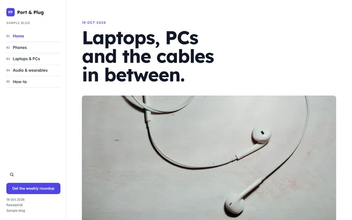 Home page of Port & Plug, a sample column layout website