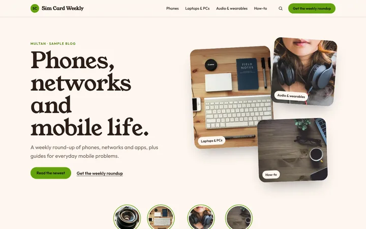 Home page of Sim Card Weekly, a sample pinboard layout website
