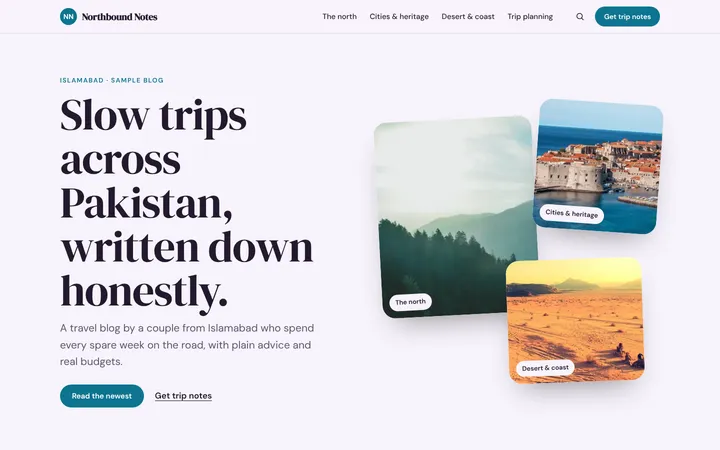 Home page of Northbound Notes, a sample pinboard layout website