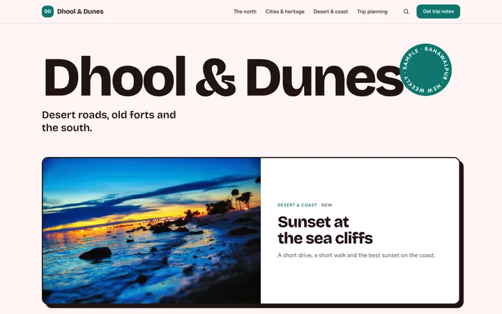 Home page of Dhool & Dunes, a sample riso layout website