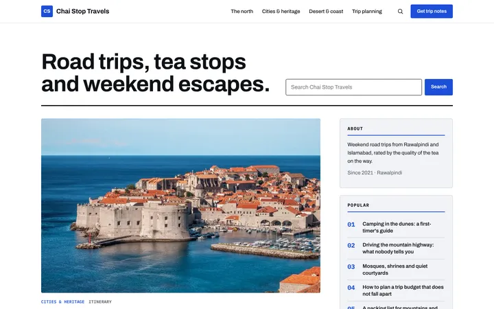 Home page of Chai Stop Travels, a sample classic layout website