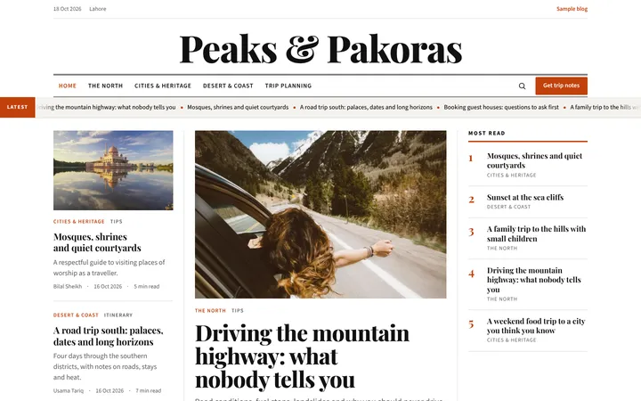 Home page of Peaks & Pakoras, a sample broadsheet layout website