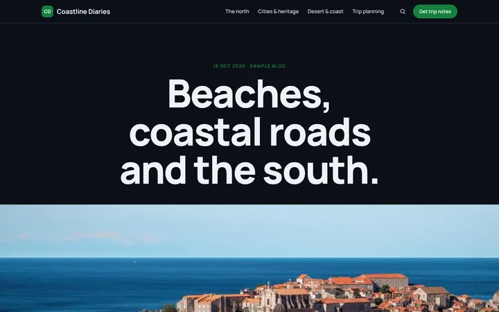 Home page of Coastline Diaries, a sample spotlight layout website