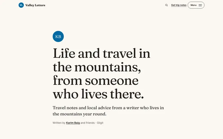 Home page of Valley Letters, a sample notebook layout website