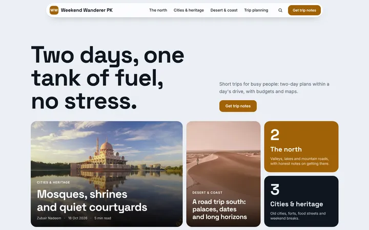 Home page of Weekend Wanderer PK, a sample mosaic layout website