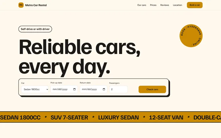 Home page of Metro Car Rental, a sample pop layout website