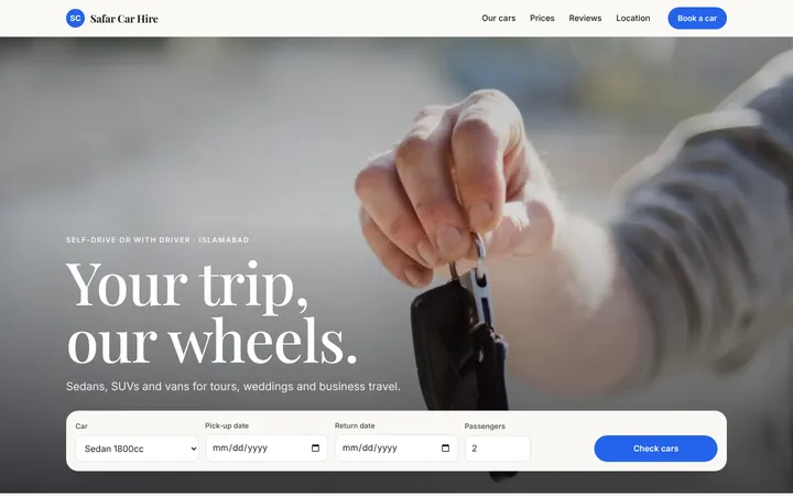Home page of Safar Car Hire, a sample concierge layout website