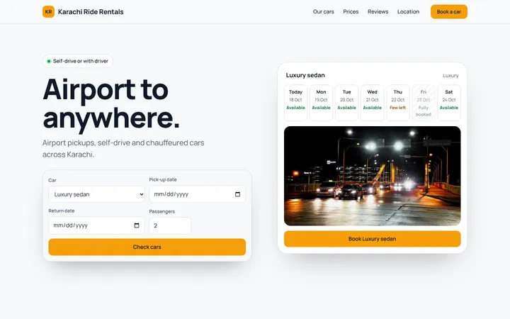 Home page of Karachi Ride Rentals, a sample planner layout website