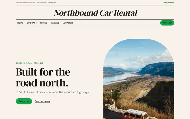 Home page of Northbound Car Rental, a sample menu layout website