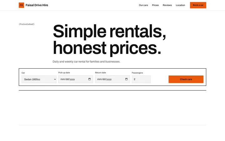 Home page of Faisal Drive Hire, a sample grid layout website