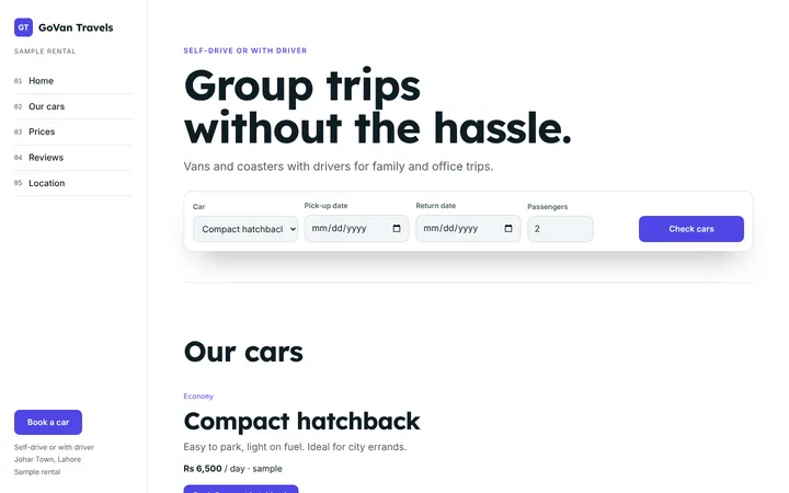 Home page of GoVan Travels, a sample story layout website