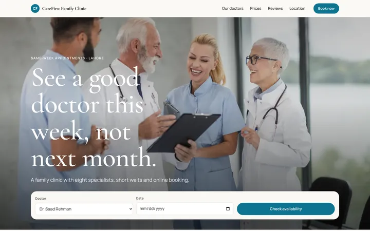 Home page of CareFirst Family Clinic, a sample concierge layout website