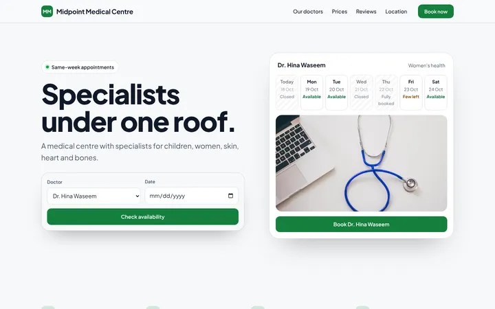 Home page of Midpoint Medical Centre, a sample planner layout website