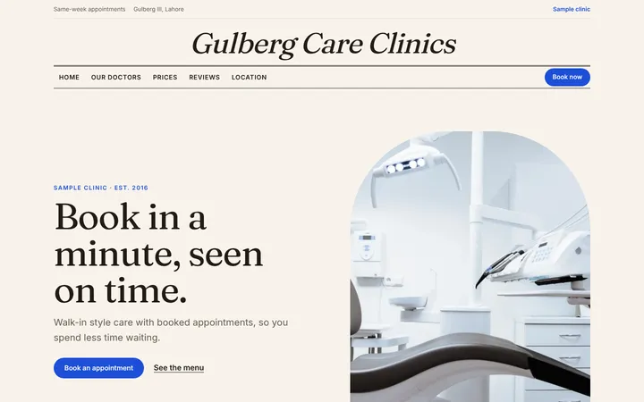 Home page of Gulberg Care Clinics, a sample menu layout website