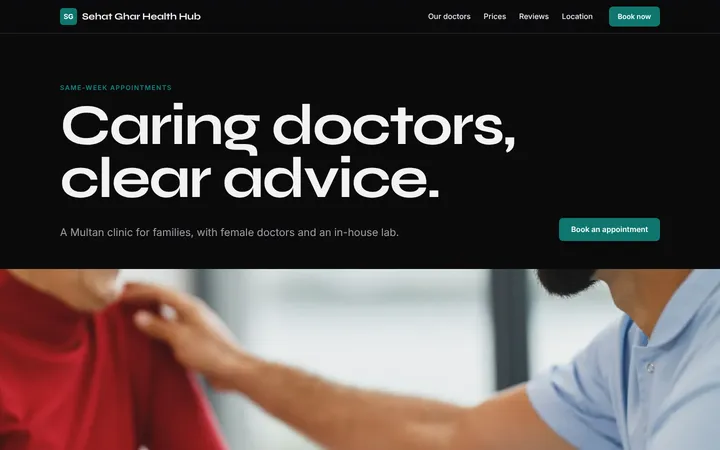 Home page of Sehat Ghar Health Hub, a sample showroom layout website