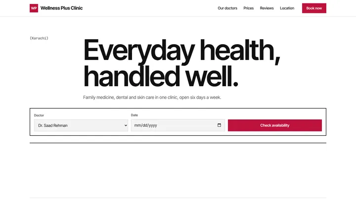 Home page of Wellness Plus Clinic, a sample grid layout website