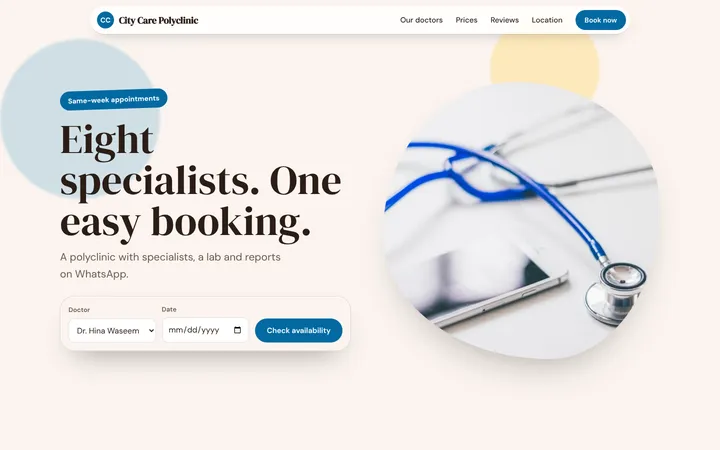 Home page of City Care Polyclinic, a sample soft stack layout website