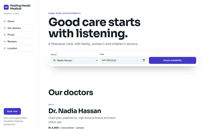 Home page of Healing Hands Medical, a sample story layout website