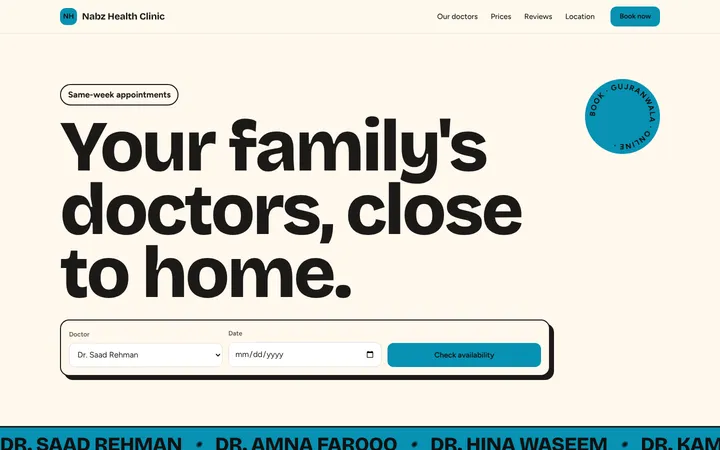 Home page of Nabz Health Clinic, a sample pop layout website