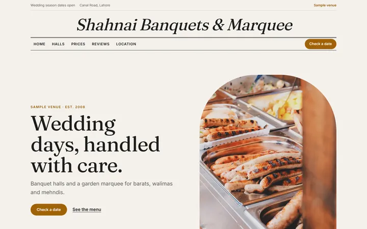 Home page of Shahnai Banquets & Marquee, a sample menu layout website