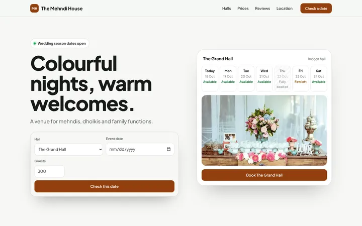 Home page of The Mehndi House, a sample planner layout website