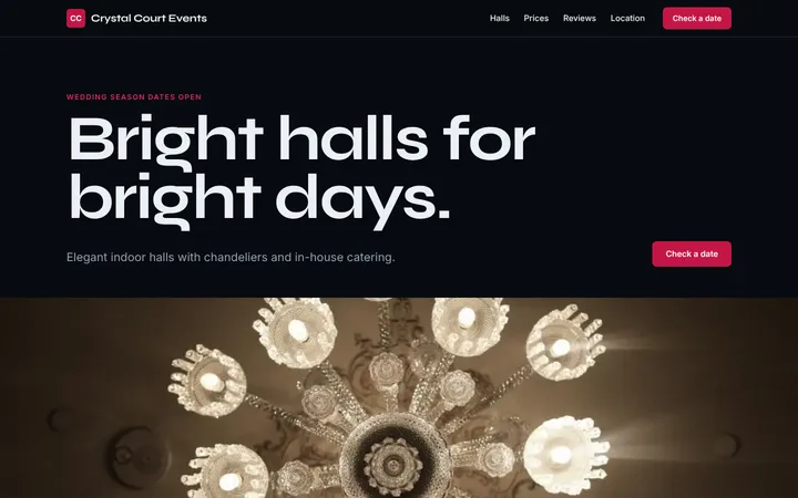 Home page of Crystal Court Events, a sample showroom layout website