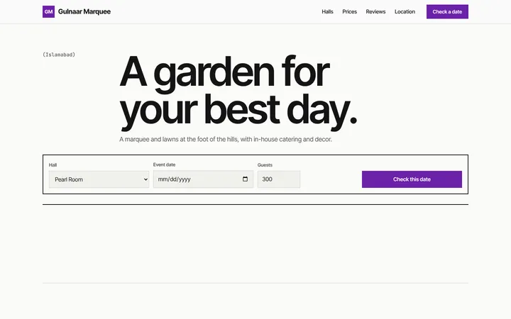 Home page of Gulnaar Marquee, a sample grid layout website