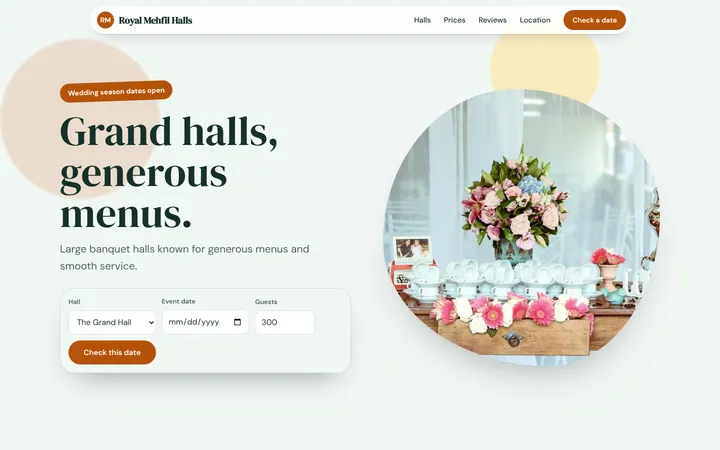 Home page of Royal Mehfil Halls, a sample soft stack layout website