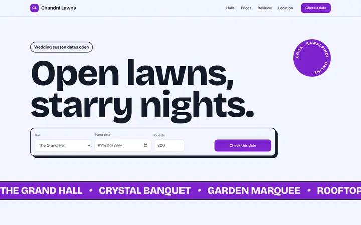 Home page of Chandni Lawns, a sample pop layout website