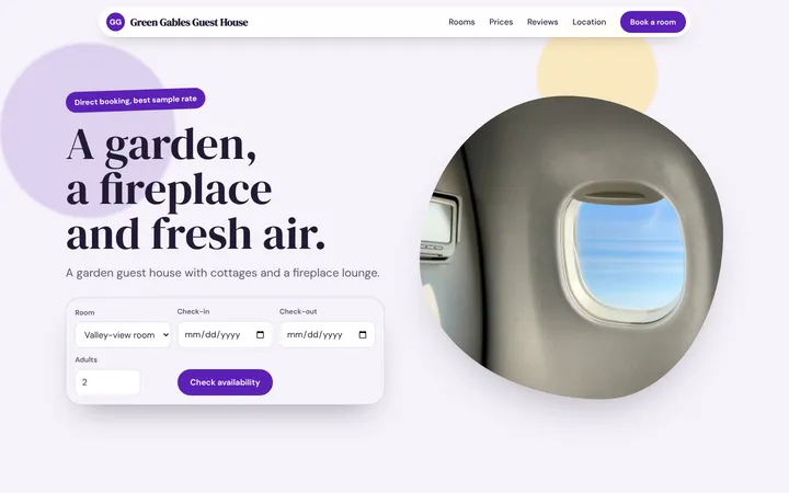Home page of Green Gables Guest House, a sample soft stack layout website