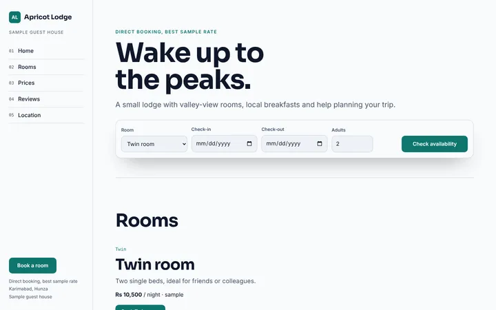 Home page of Apricot Lodge, a sample story layout website