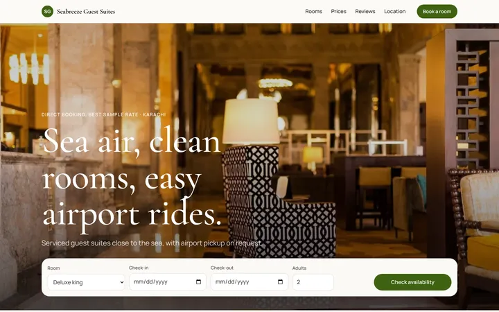 Home page of Seabreeze Guest Suites, a sample concierge layout website