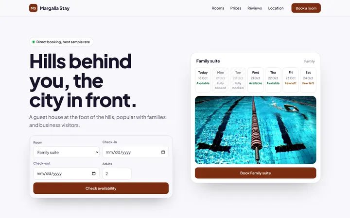Home page of Margalla Stay, a sample planner layout website