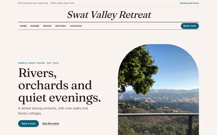 Home page of Swat Valley Retreat, a sample menu layout website