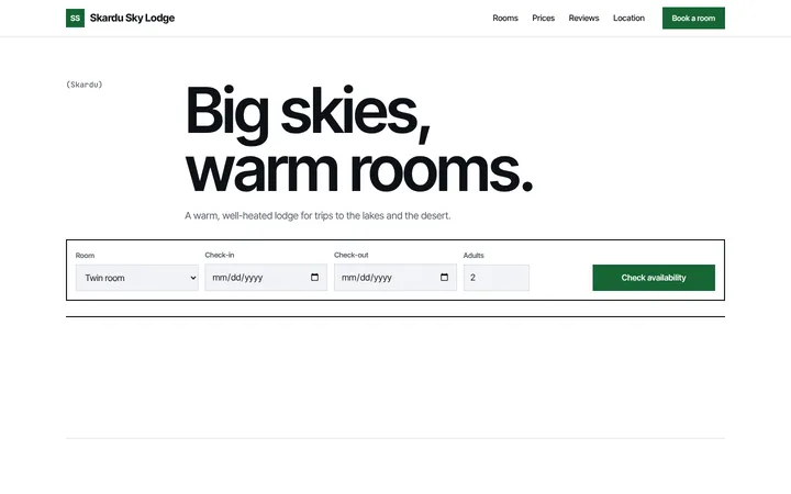 Home page of Skardu Sky Lodge, a sample grid layout website