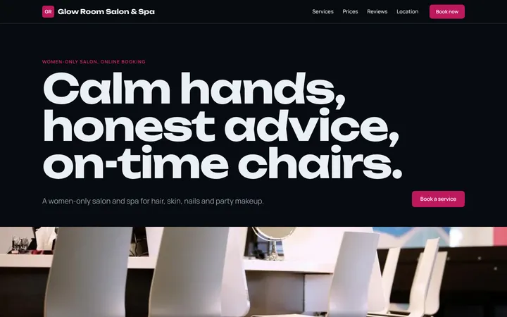 Home page of Glow Room Salon & Spa, a sample showroom layout website