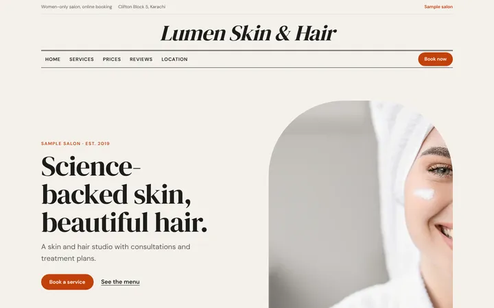 Home page of Lumen Skin & Hair, a sample menu layout website