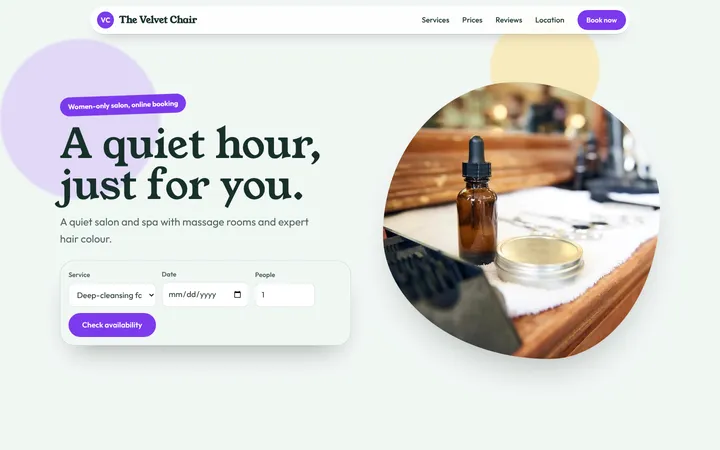 Home page of The Velvet Chair, a sample soft stack layout website