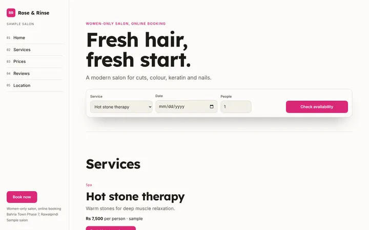Home page of Rose & Rinse, a sample story layout website