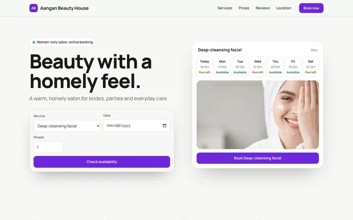 Home page of Aangan Beauty House, a sample planner layout website