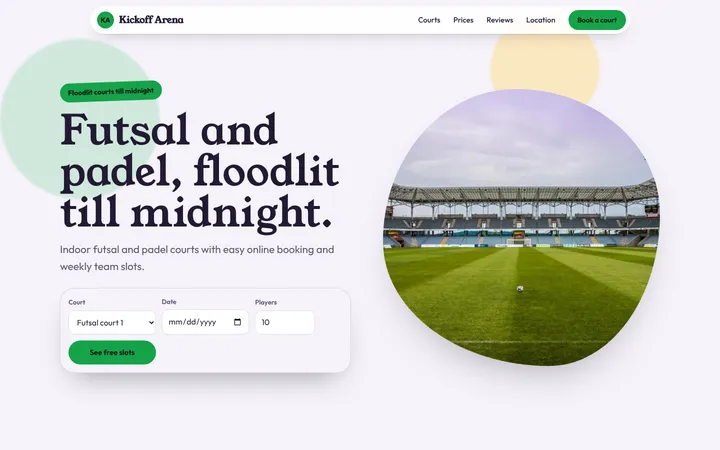 Home page of Kickoff Arena, a sample soft stack layout website