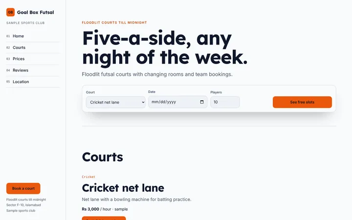 Home page of Goal Box Futsal, a sample story layout website