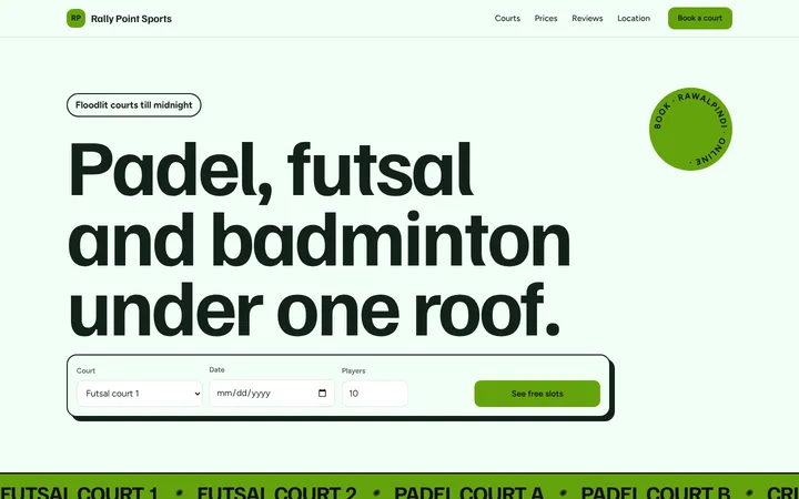 Home page of Rally Point Sports, a sample pop layout website