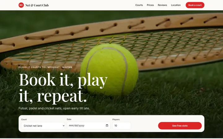Home page of Net & Court Club, a sample concierge layout website