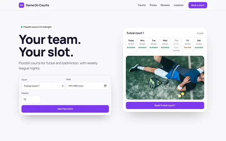 Home page of Game On Courts, a sample planner layout website