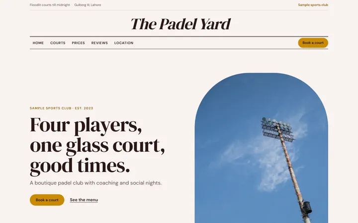 Home page of The Padel Yard, a sample menu layout website