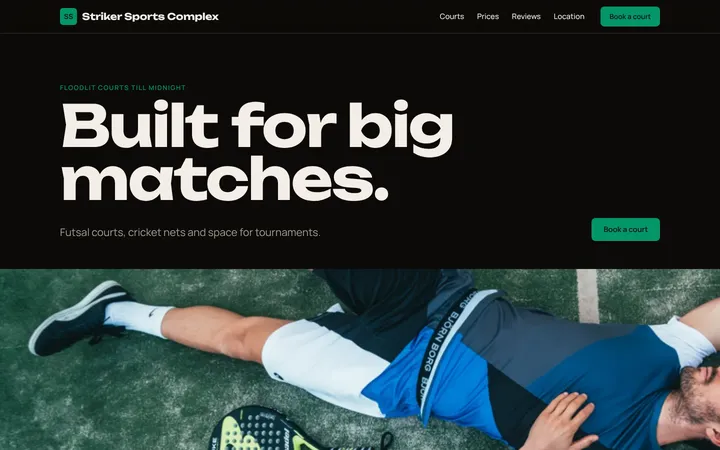 Home page of Striker Sports Complex, a sample showroom layout website