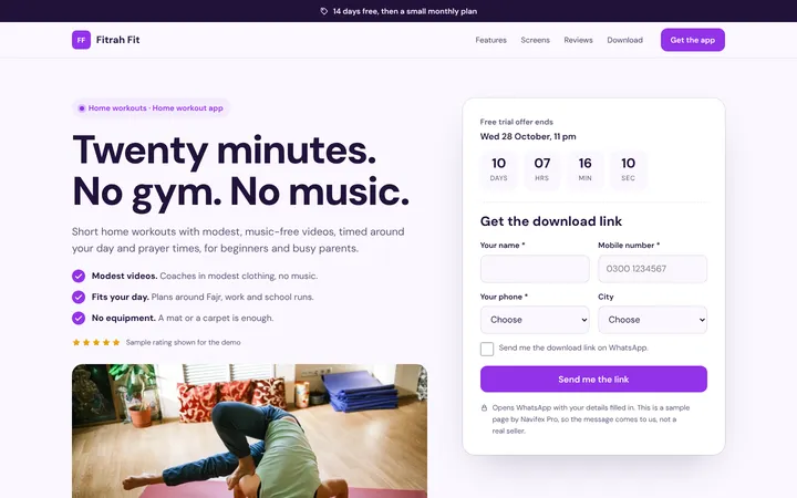 Home page of Fitrah Fit, a sample lead form layout website