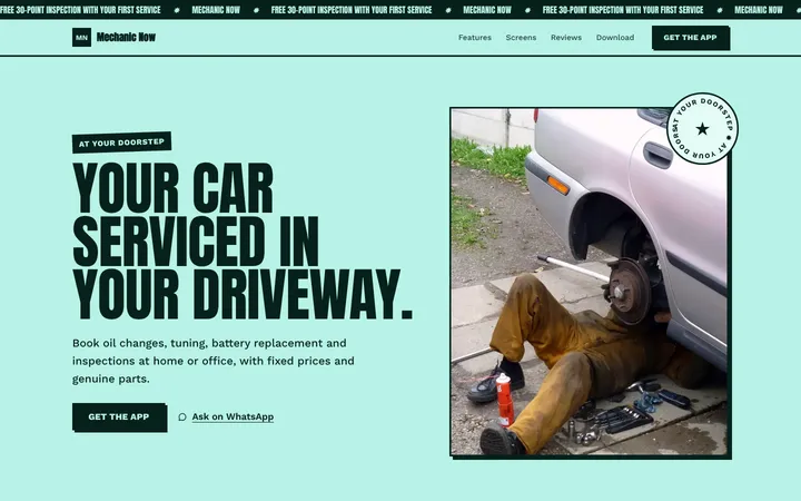 Home page of Mechanic Now, a sample poster layout website